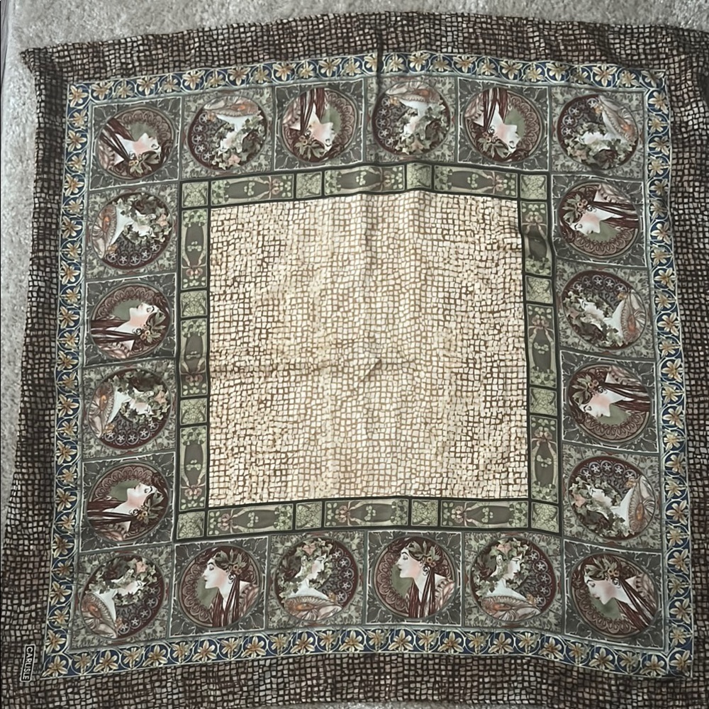 Carlisle Art Nouveau Silk Brown Green scarf 34”x34”